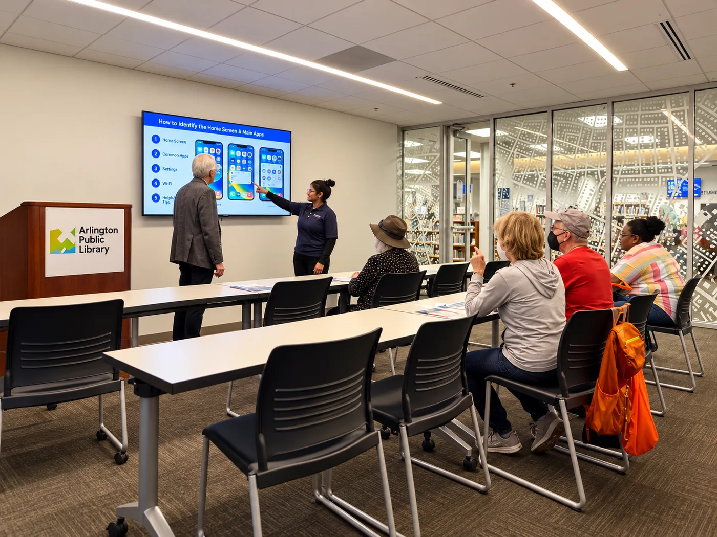 House Call Tech technician presenting a smartphone talk at Arlington Central Library