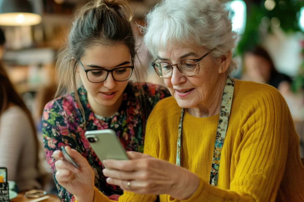 Senior learning to use a smartphone with friendly guidance and support