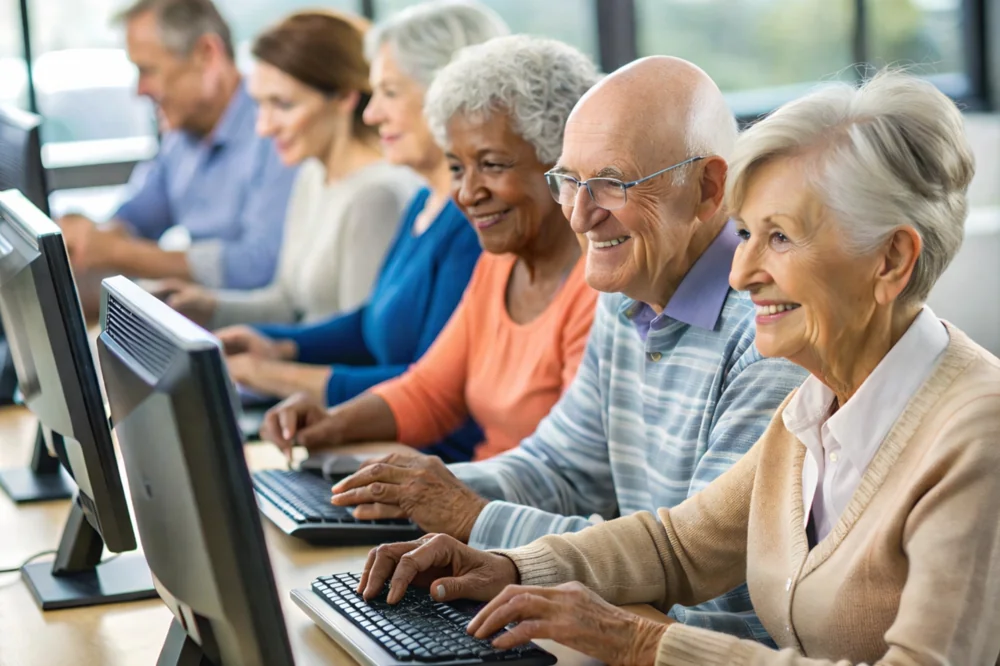 Group of seniors learning to use computers with guidance in a supportive environment