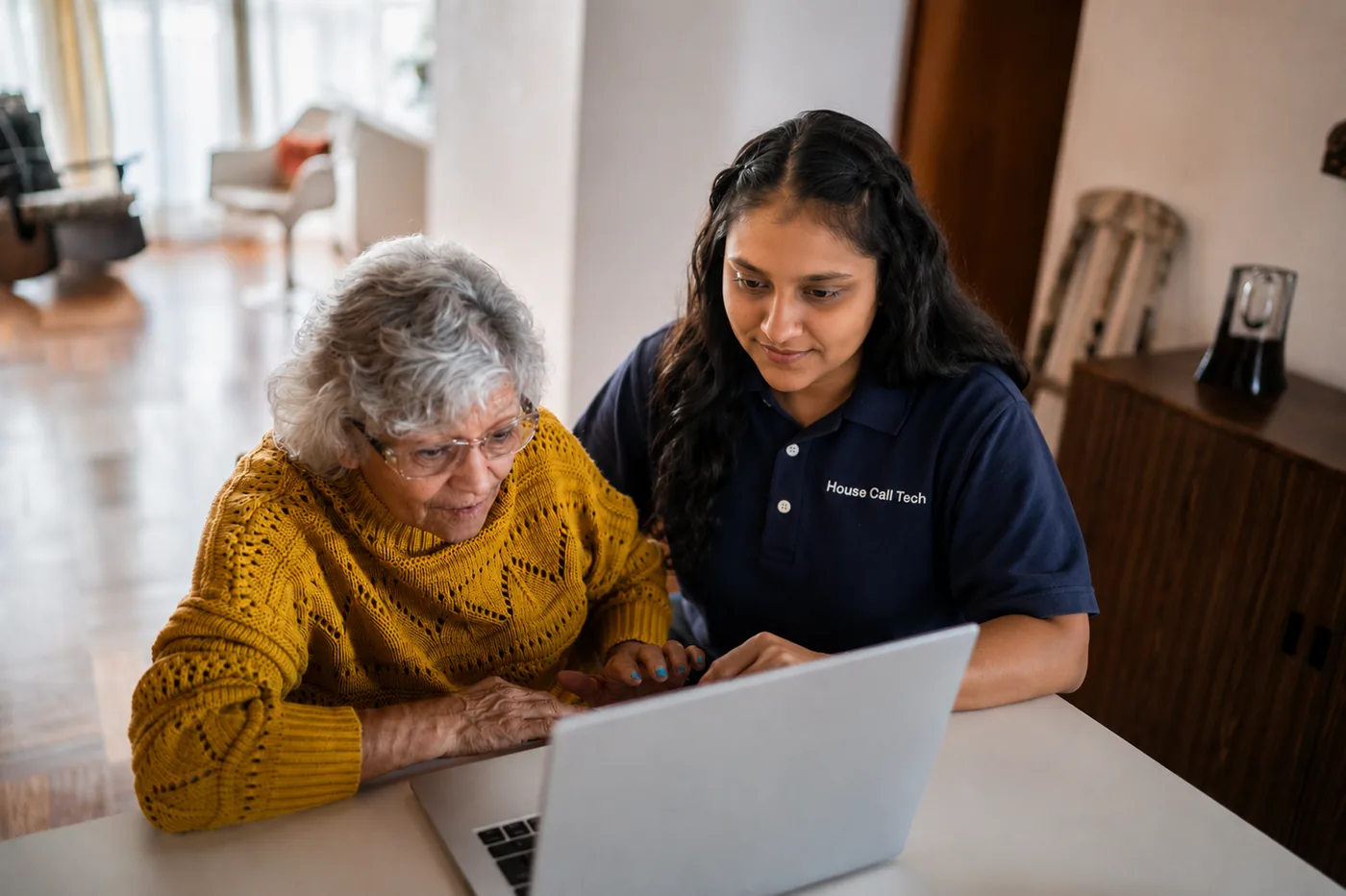 House Call Tech technician patiently guiding a senior through a laptop task at home